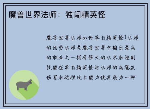 魔兽世界法师：独闯精英怪